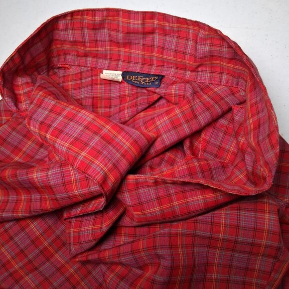 Vintage Dee Cee Blouse Women 10 Rust Blue Plaud Button Collared Modest Retro - Picture 12 of 12